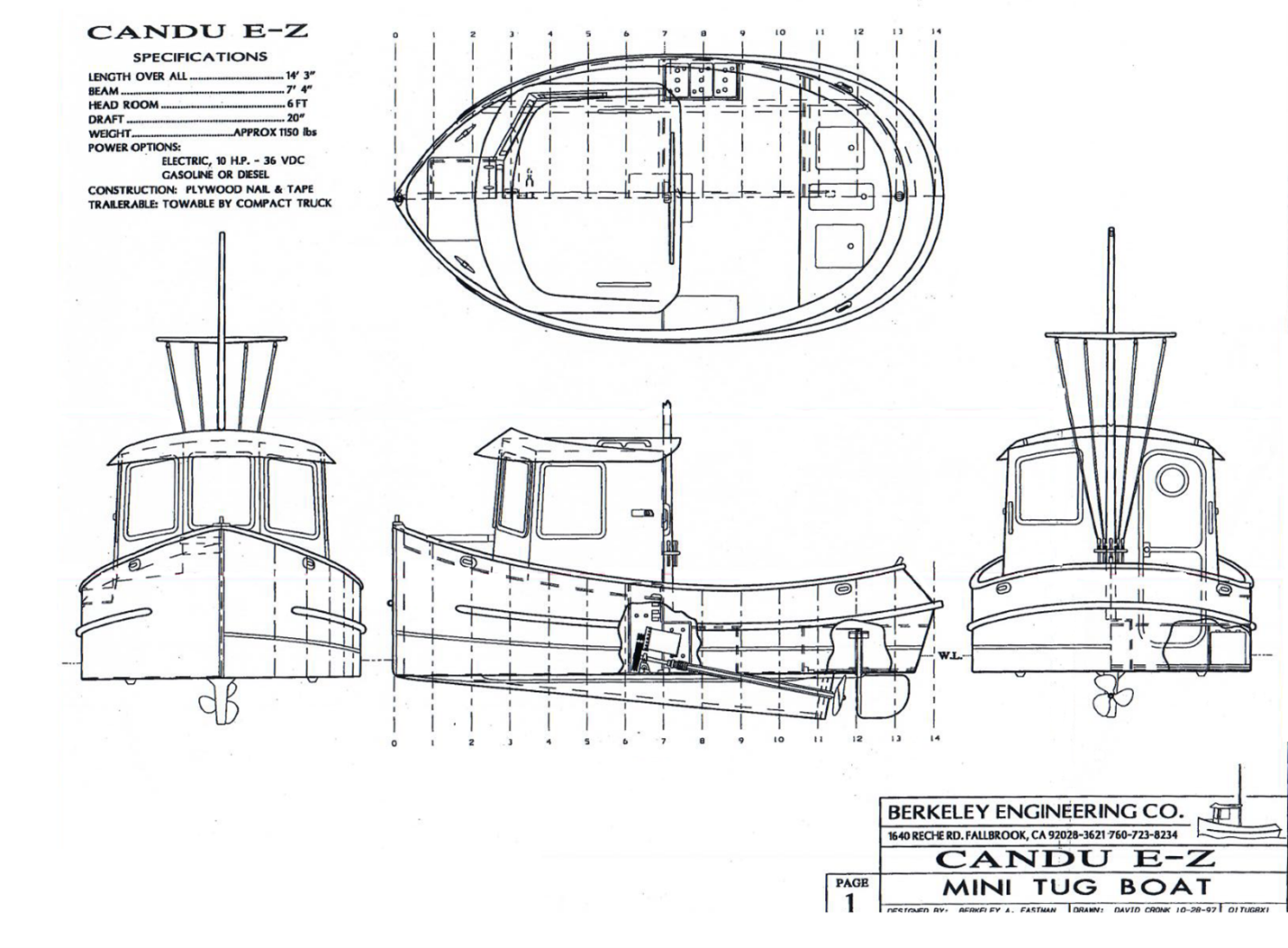 The original CANDU E-Z blueprint: plan view, profile, bow and stern views with specifications and the Berkeley Engineering title block
